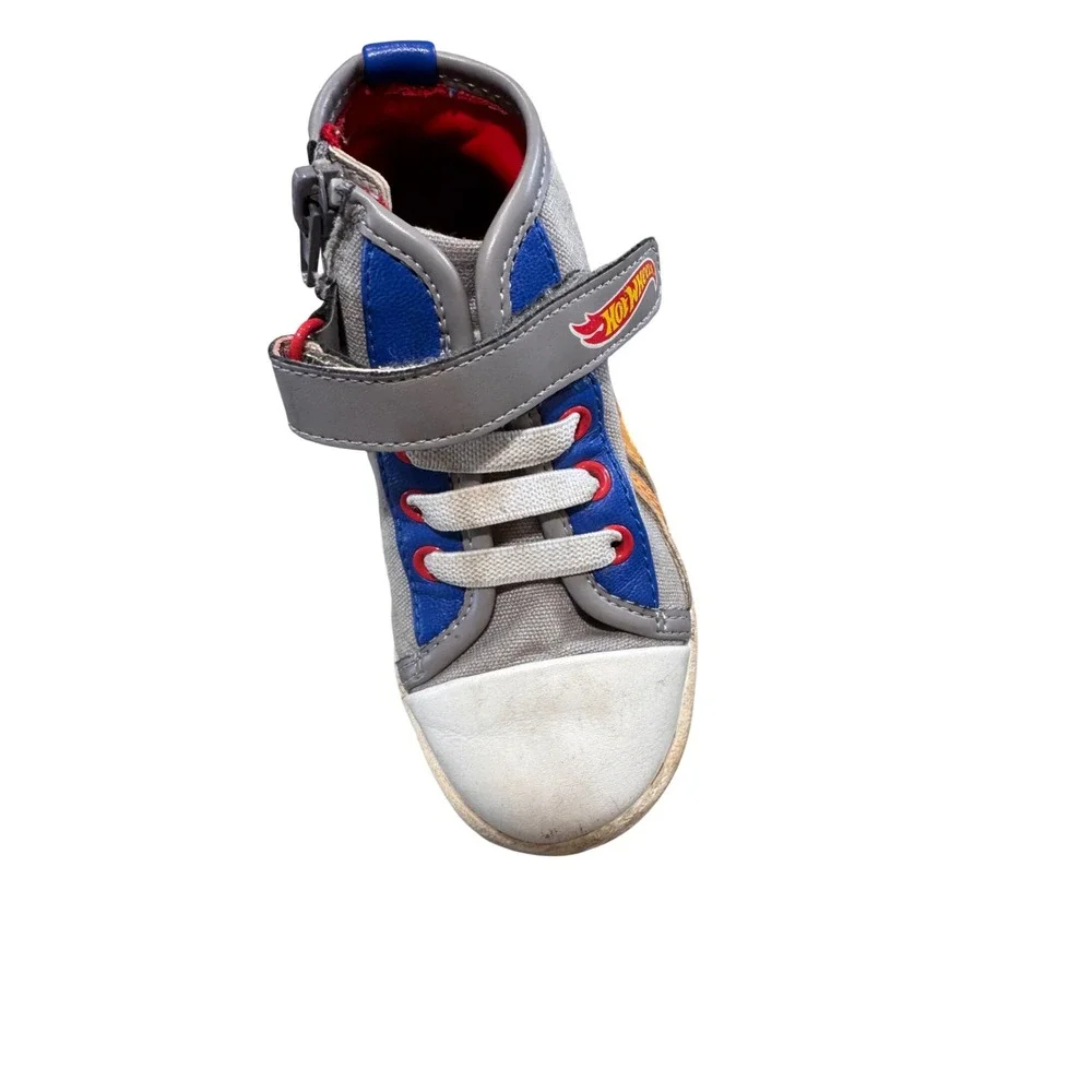 Hot Wheels High Top Sneakers Toddler Size 6 Flames‎ Hook Loop Zip Gray Red Blue
